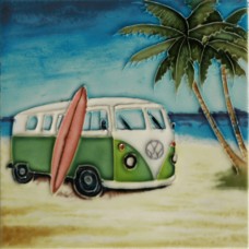 6"x6"Green VW Van With Surfboard