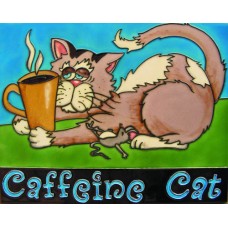 11"x 14" Coffeine Cat, Orange With Purple Cup