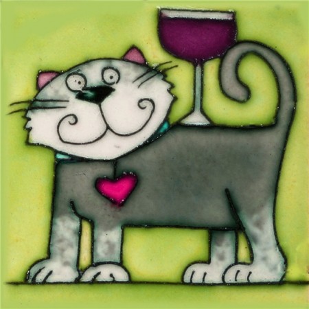 3"X3" MAGNET Yellow Cat With Wine on Back