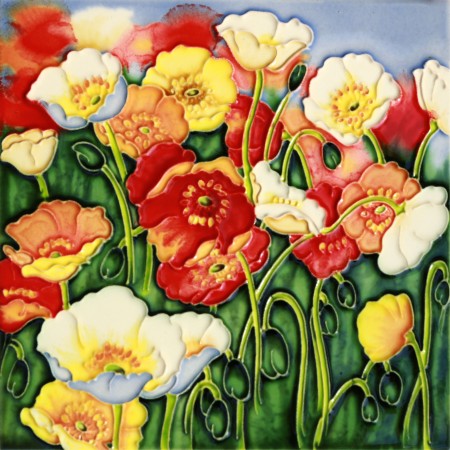 8"x8" Red,Yellow & White Poppies In Garden
