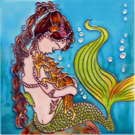 8"x8"  2 Mermaids with Dolphin on the Beach