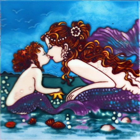 8"x8"  2 Mermaids with Dolphin on the Beach