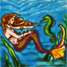 6"x6" Mermaid with Green Seahorse