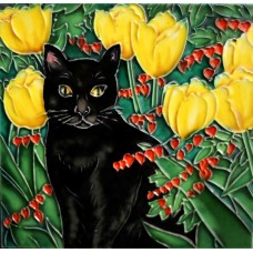 8"x8" Black Cat Yellow Flower Garden