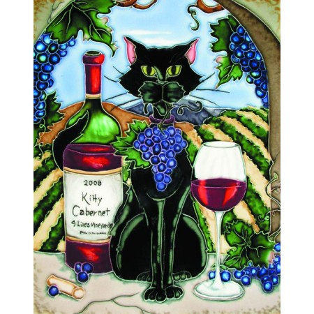 8"x 12" Feline Wine Black Cat With Cabernet and Vineyard Background