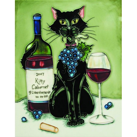 8"x 12" Feline Wine Black Cat With Cabernet and Green Background