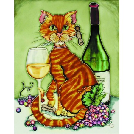 11"x14" Feline Wine Orange Cat with Chardonnay and Corkscrew  Green Background
